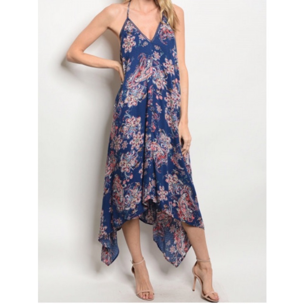 Long Backless Navy Floral Maxi Sundress - Picture 2 of 3